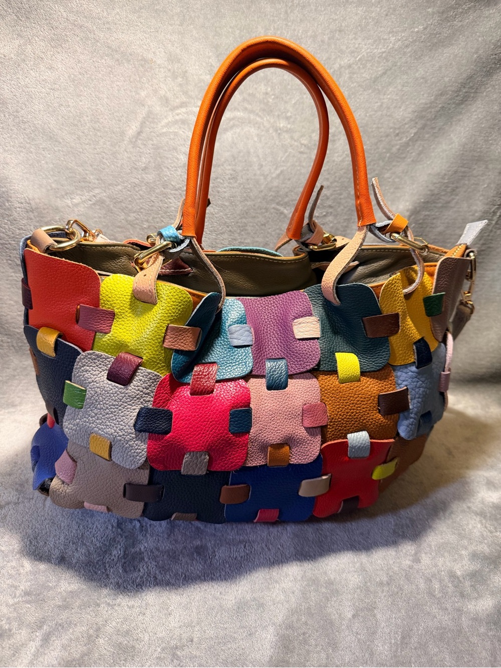 Multicolor Patchwork Genuine Leather Tote Bag - Picture 8 of 12